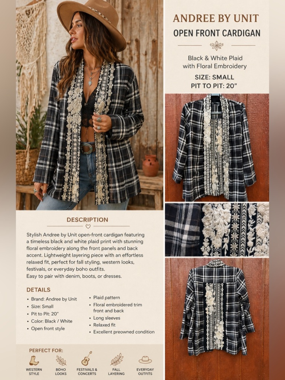 Andree by Unit Small Plaid Embroidered Open Front Cardigan Boho Western